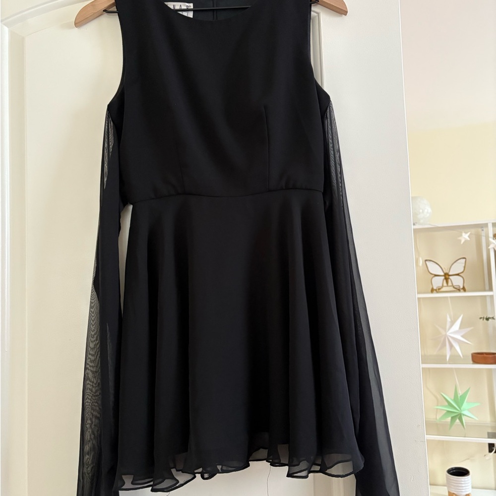 Black Petite Dress with Sheer Sleeves